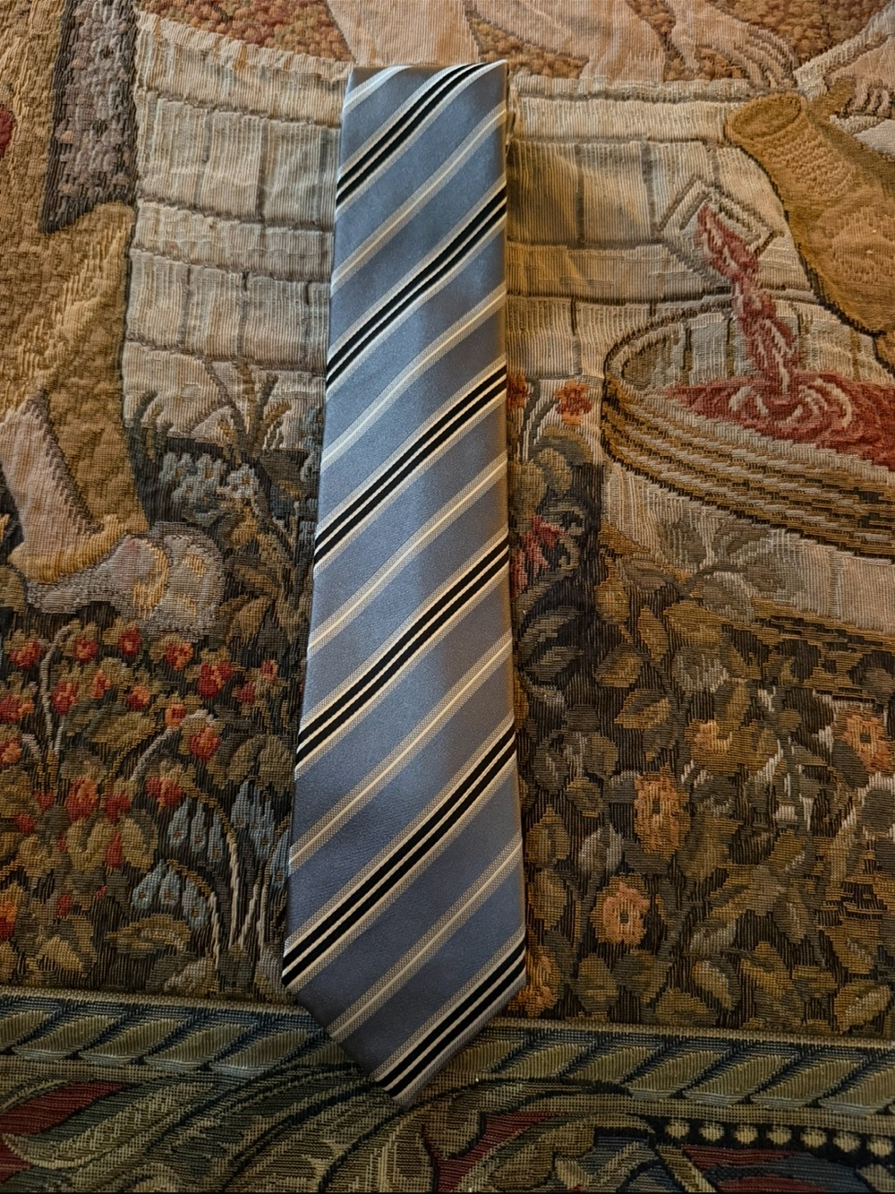 Geoffrey Beene Light Blue Striped Silk Tie with Black and Cream Accents